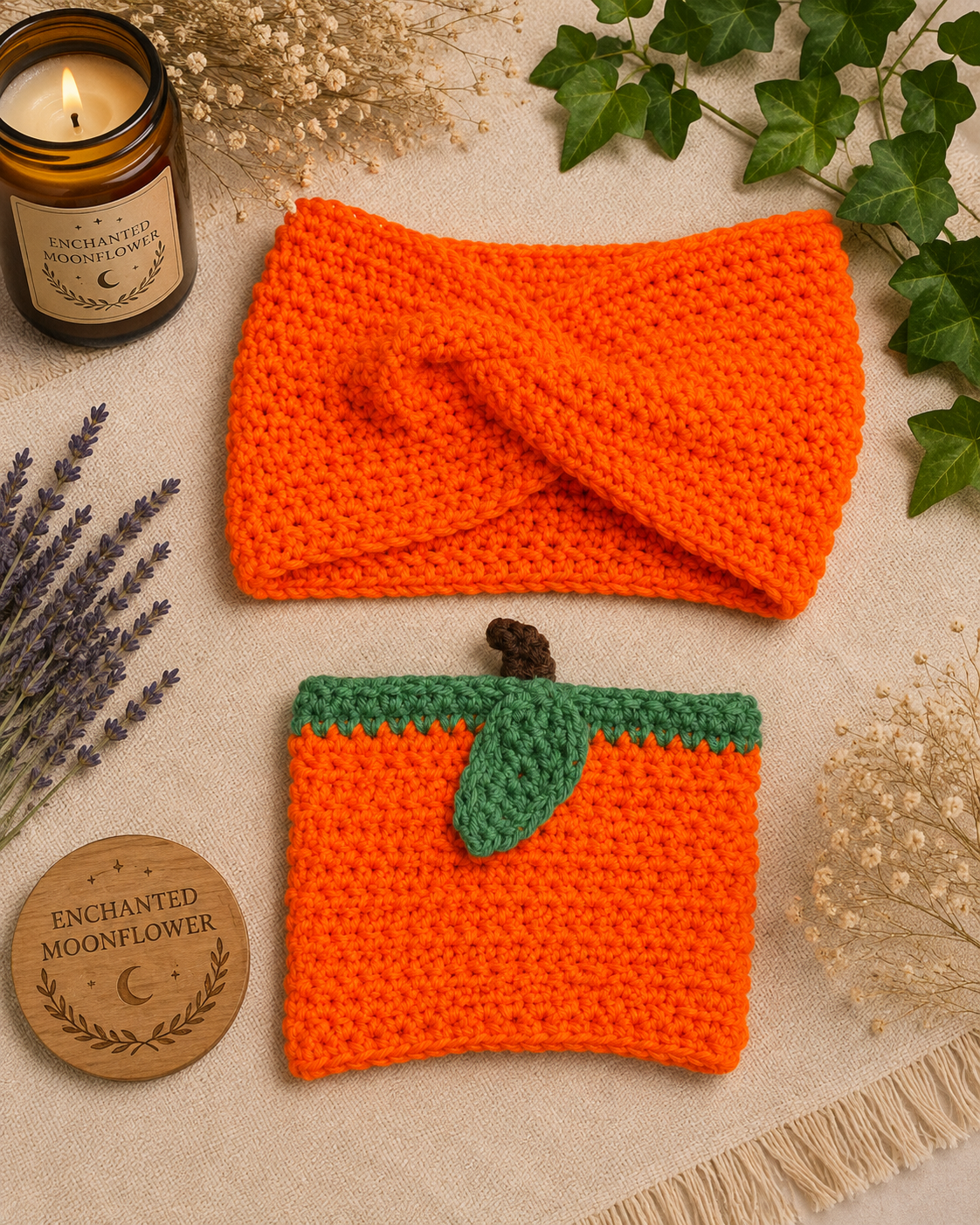 Mommy & Me Pumpkin Cup Cozy + Baby Headband Set
