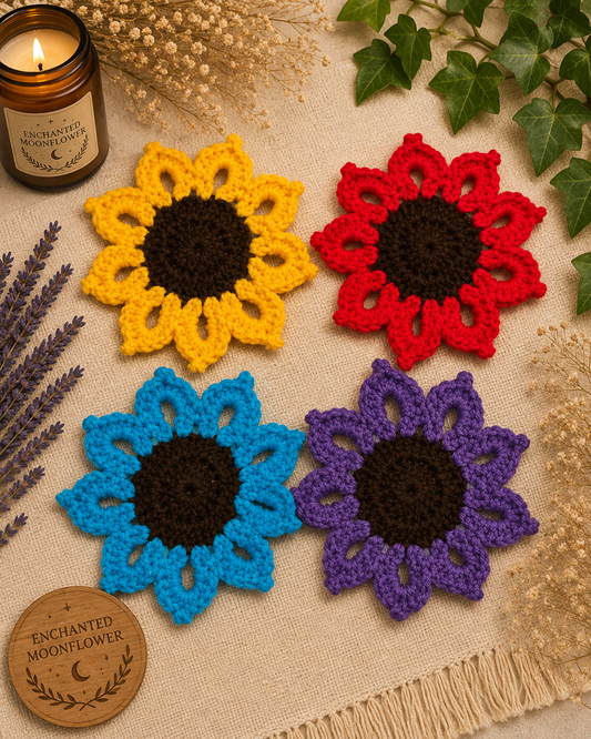 Handmade Crochet Sunflower Coasters 4ct- Colormix