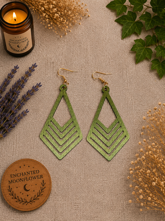 Green Geometric Wooden Dangle Earrings